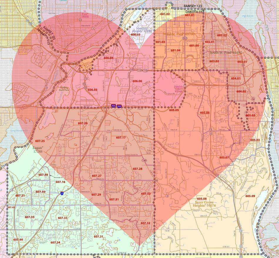 Heart-shaped map of the Tri-District area in Dakota County